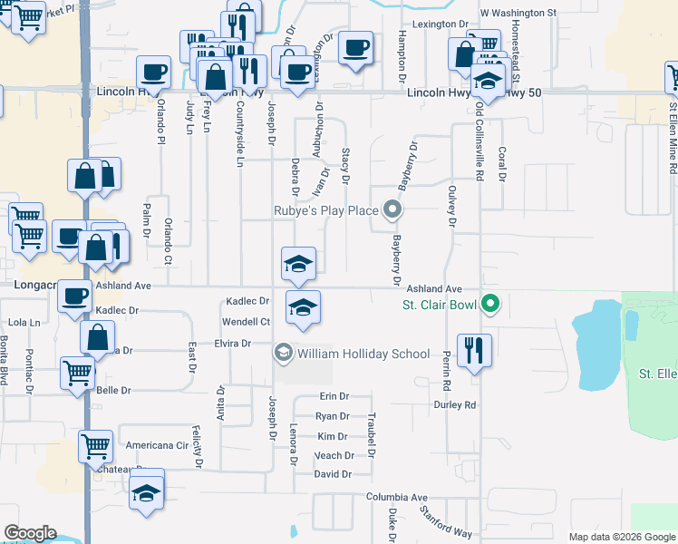map of restaurants, bars, coffee shops, grocery stores, and more near 135 Stacy Drive in Fairview Heights