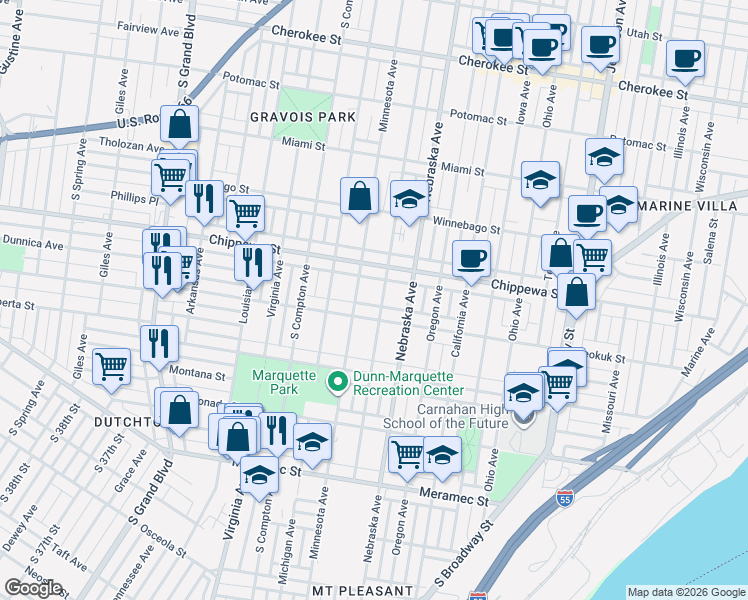 map of restaurants, bars, coffee shops, grocery stores, and more near 3841 Pennsylvania Avenue in St. Louis