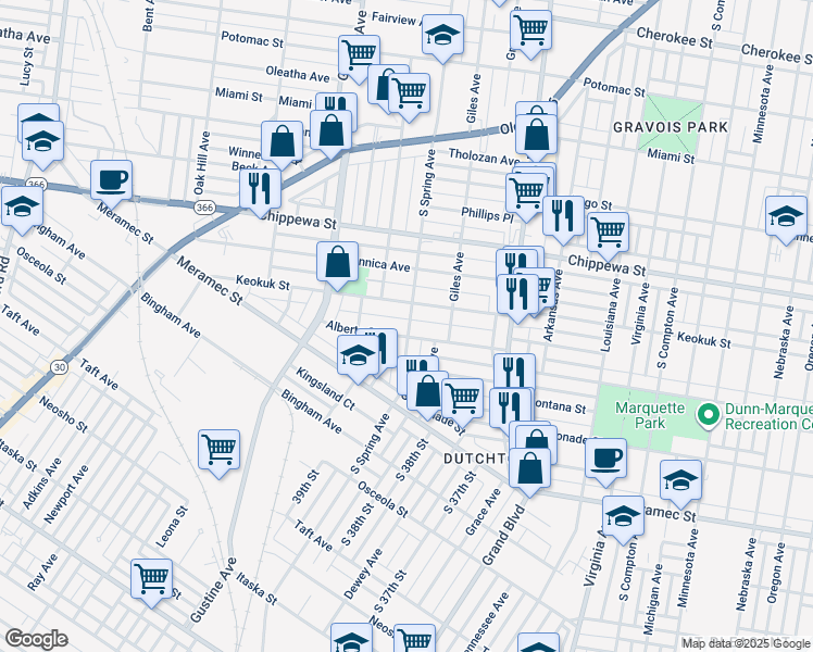 map of restaurants, bars, coffee shops, grocery stores, and more near 3847-3849 Alberta Street in St. Louis