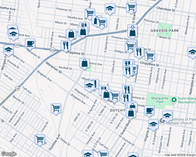 map of restaurants, bars, coffee shops, grocery stores, and more near 3847-3849 Alberta Street in St. Louis