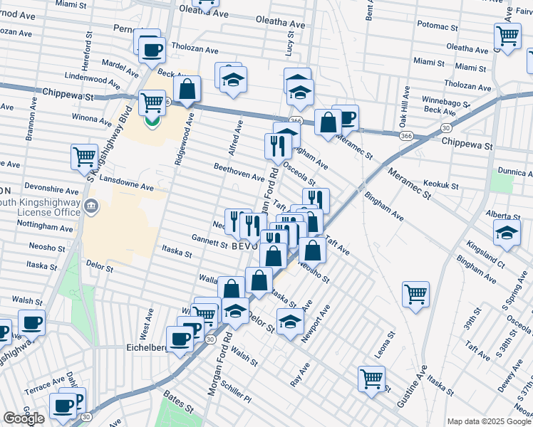 map of restaurants, bars, coffee shops, grocery stores, and more near 4526 Morgan Ford Road in St. Louis
