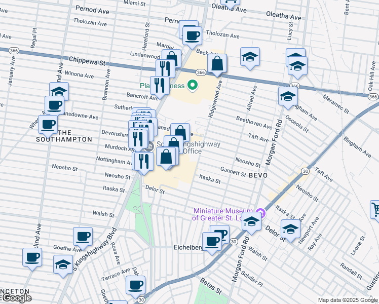 map of restaurants, bars, coffee shops, grocery stores, and more near 4650 Lansdowne Avenue in St. Louis