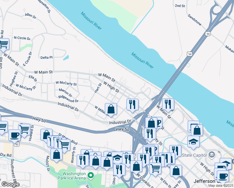 map of restaurants, bars, coffee shops, grocery stores, and more near 1101 West High Street in Jefferson City