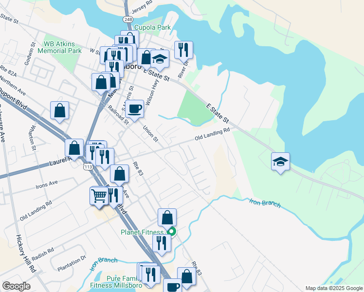 map of restaurants, bars, coffee shops, grocery stores, and more near 203 Branch Way in Millsboro