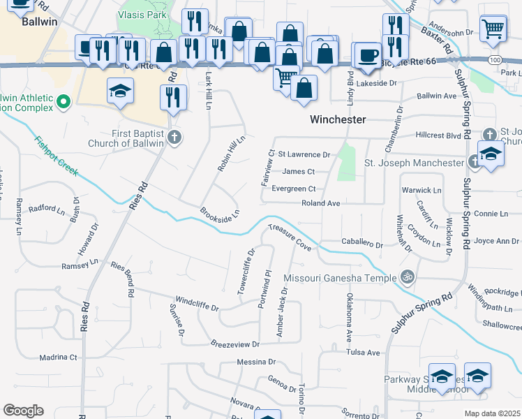 map of restaurants, bars, coffee shops, grocery stores, and more near 14 Roland Avenue in Ballwin
