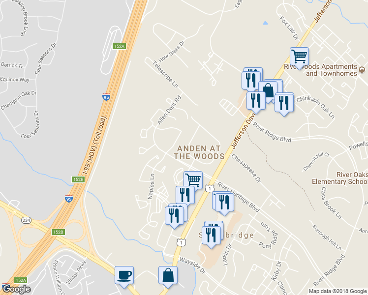 map of restaurants, bars, coffee shops, grocery stores, and more near 16832 Francis West Lane in Dumfries