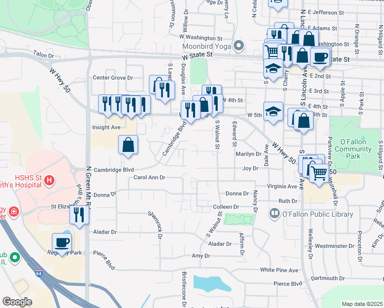 map of restaurants, bars, coffee shops, grocery stores, and more near 123 Elm Street in O'Fallon
