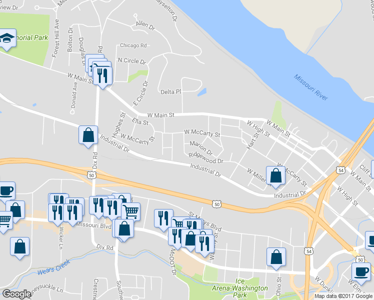 map of restaurants, bars, coffee shops, grocery stores, and more near 1608 Ridgewood Drive in Jefferson City