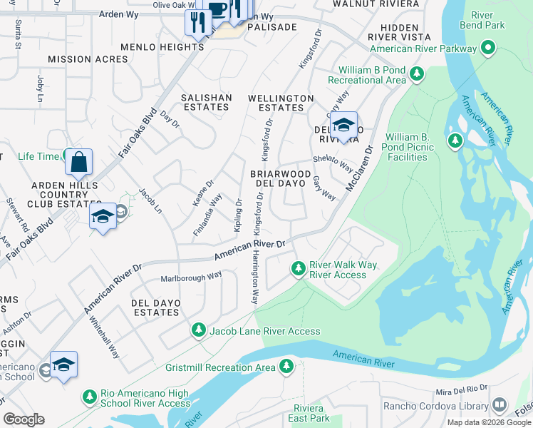 map of restaurants, bars, coffee shops, grocery stores, and more near 5212 Shelato Way in Carmichael