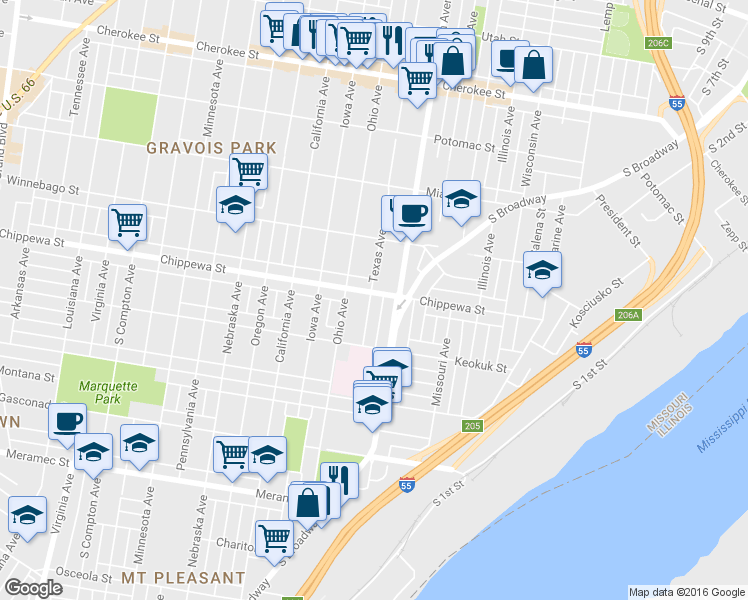 map of restaurants, bars, coffee shops, grocery stores, and more near 2622 Chippewa Street in St. Louis