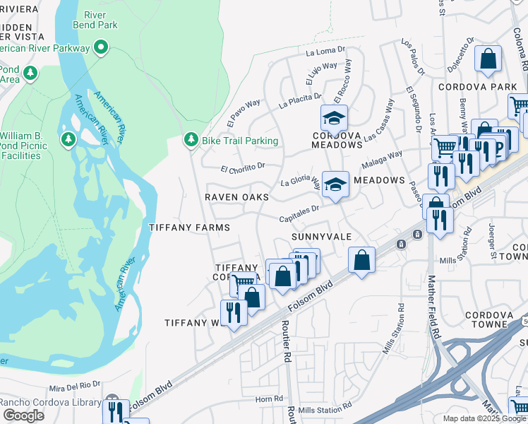 map of restaurants, bars, coffee shops, grocery stores, and more near 2581 Capitales Drive in Rancho Cordova