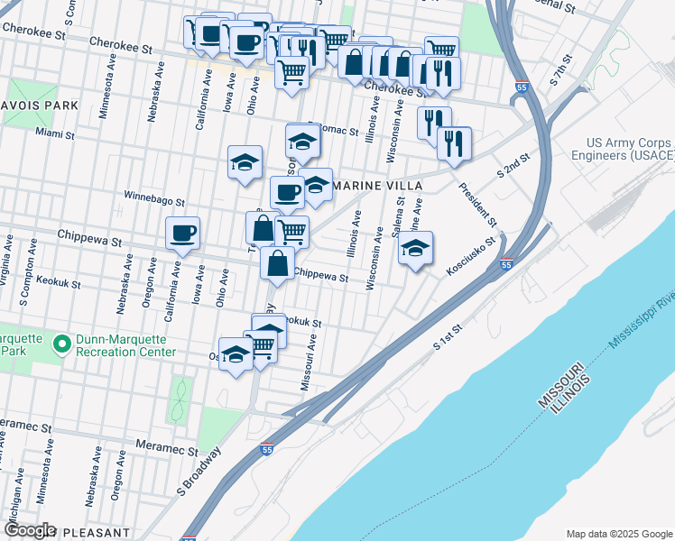 map of restaurants, bars, coffee shops, grocery stores, and more near 2101 Chippewa Street in St. Louis