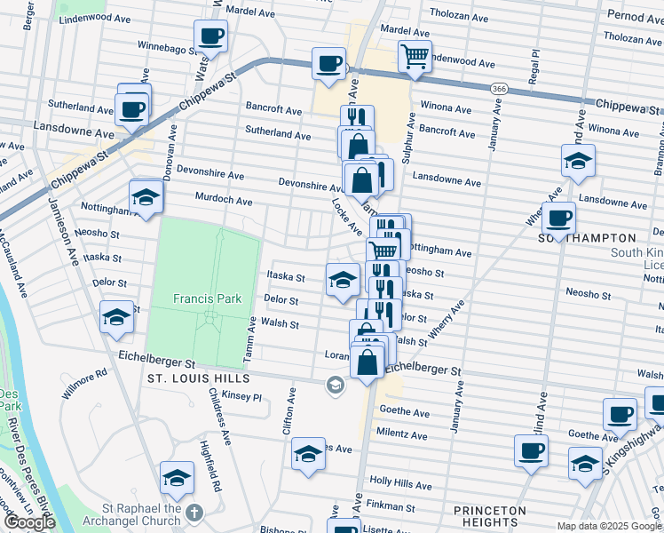 map of restaurants, bars, coffee shops, grocery stores, and more near 4918 Clifton Avenue in St. Louis