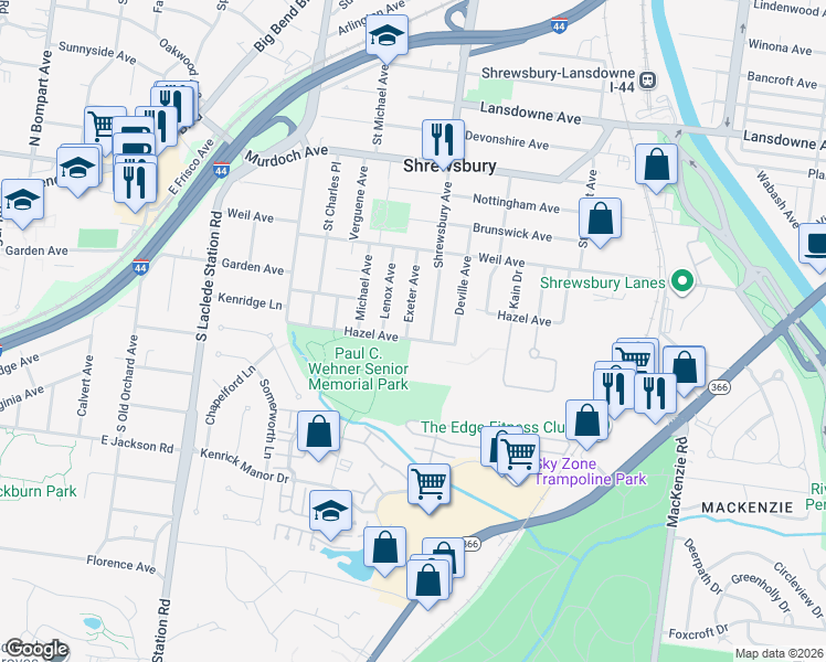 map of restaurants, bars, coffee shops, grocery stores, and more near 5122 Exeter Avenue in St. Louis