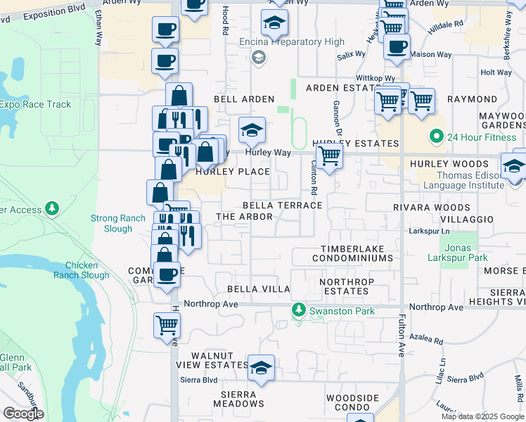 map of restaurants, bars, coffee shops, grocery stores, and more near 2305 Irma Way in Sacramento