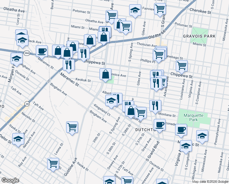 map of restaurants, bars, coffee shops, grocery stores, and more near 3887 Alberta Street in St. Louis