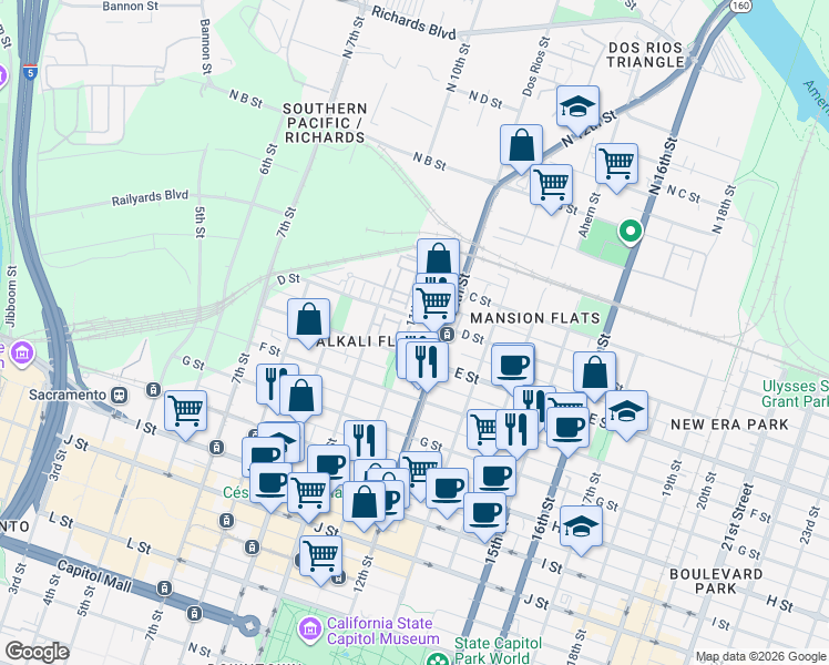 map of restaurants, bars, coffee shops, grocery stores, and more near 431 11th Street in Sacramento