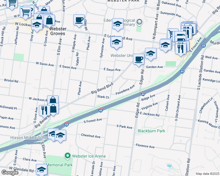 map of restaurants, bars, coffee shops, grocery stores, and more near 309 Selma Avenue in Webster Groves