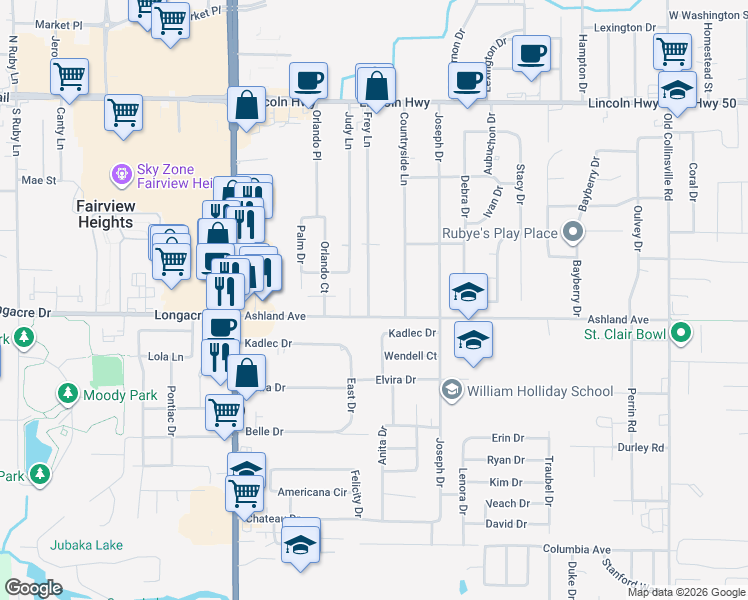 map of restaurants, bars, coffee shops, grocery stores, and more near 331 Frey Lane in Fairview Heights