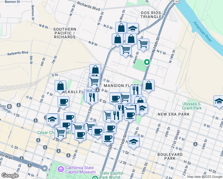 map of restaurants, bars, coffee shops, grocery stores, and more near 321 13th Street in Sacramento