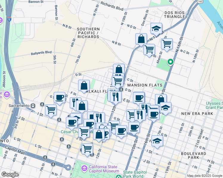 map of restaurants, bars, coffee shops, grocery stores, and more near 431 11th Street in Sacramento