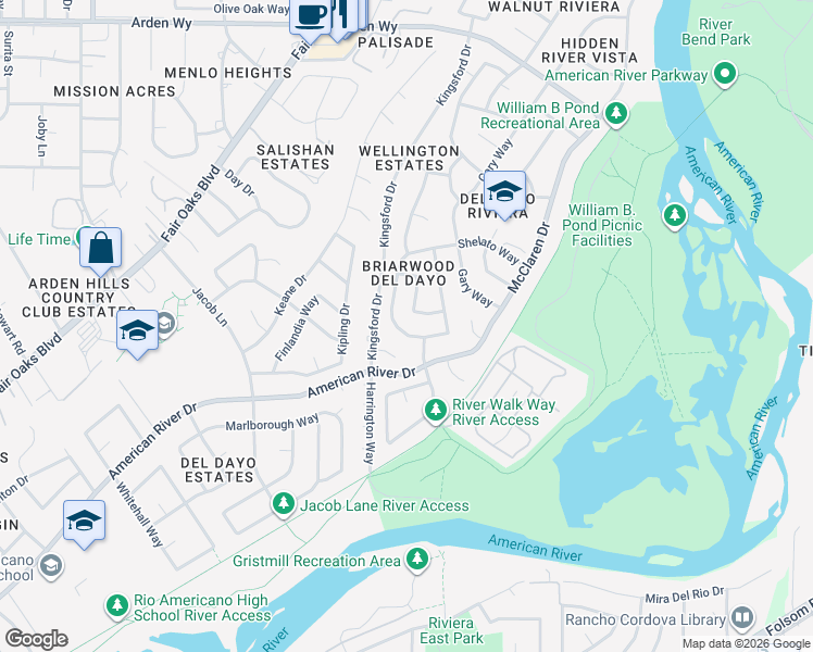 map of restaurants, bars, coffee shops, grocery stores, and more near 5212 Shelato Way in Carmichael