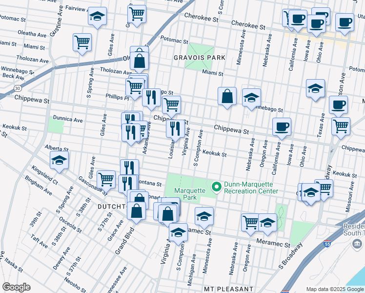 map of restaurants, bars, coffee shops, grocery stores, and more near 3857 Virginia Avenue in St. Louis