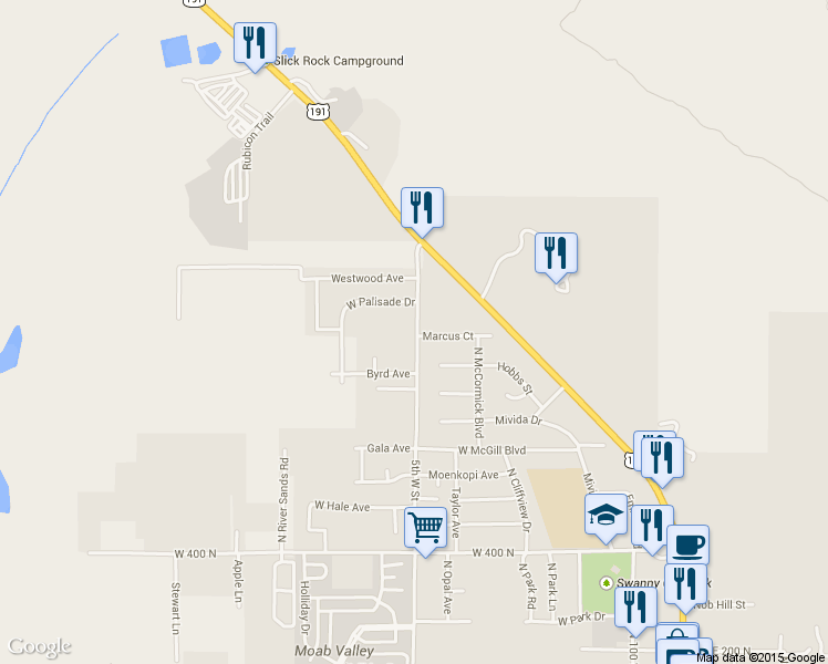 map of restaurants, bars, coffee shops, grocery stores, and more near 825 N 500 W in Moab