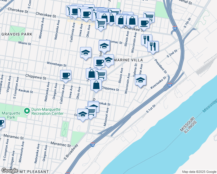 map of restaurants, bars, coffee shops, grocery stores, and more near 2209 Chippewa Street in St. Louis