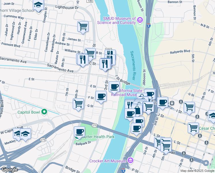 map of restaurants, bars, coffee shops, grocery stores, and more near 230 E Street in West Sacramento