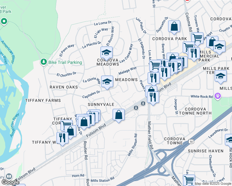 map of restaurants, bars, coffee shops, grocery stores, and more near 2805 La Loma Drive in Rancho Cordova