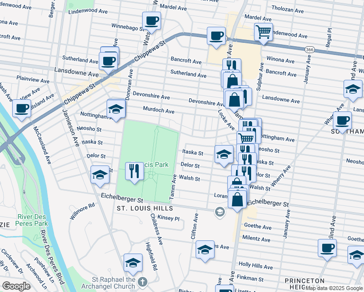 map of restaurants, bars, coffee shops, grocery stores, and more near 4930 Tamm Avenue in St. Louis