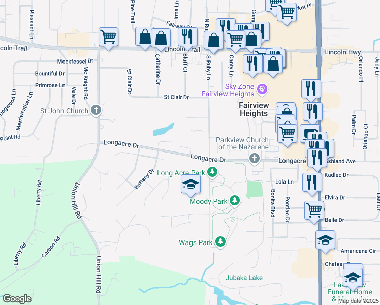 map of restaurants, bars, coffee shops, grocery stores, and more near 11 Ram Court in Fairview Heights