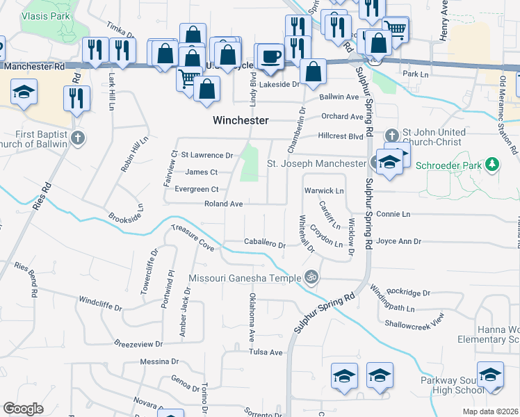 map of restaurants, bars, coffee shops, grocery stores, and more near 461 Caballero Ct in Ballwin