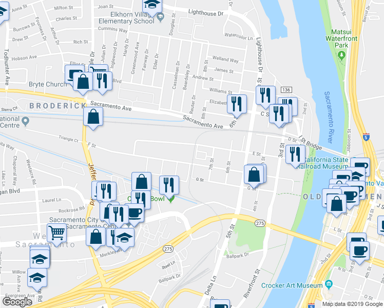 map of restaurants, bars, coffee shops, grocery stores, and more near 801 E Street in West Sacramento