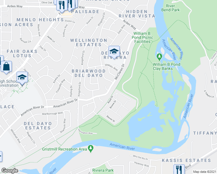 map of restaurants, bars, coffee shops, grocery stores, and more near 1145 McClaren Drive in Carmichael
