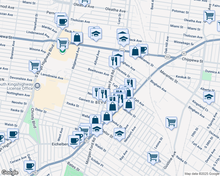 map of restaurants, bars, coffee shops, grocery stores, and more near 4526 Morgan Ford Road in St. Louis