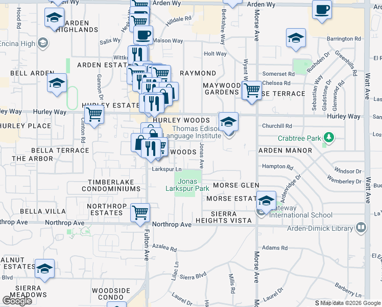 map of restaurants, bars, coffee shops, grocery stores, and more near 2729 Via Villaggio in Sacramento