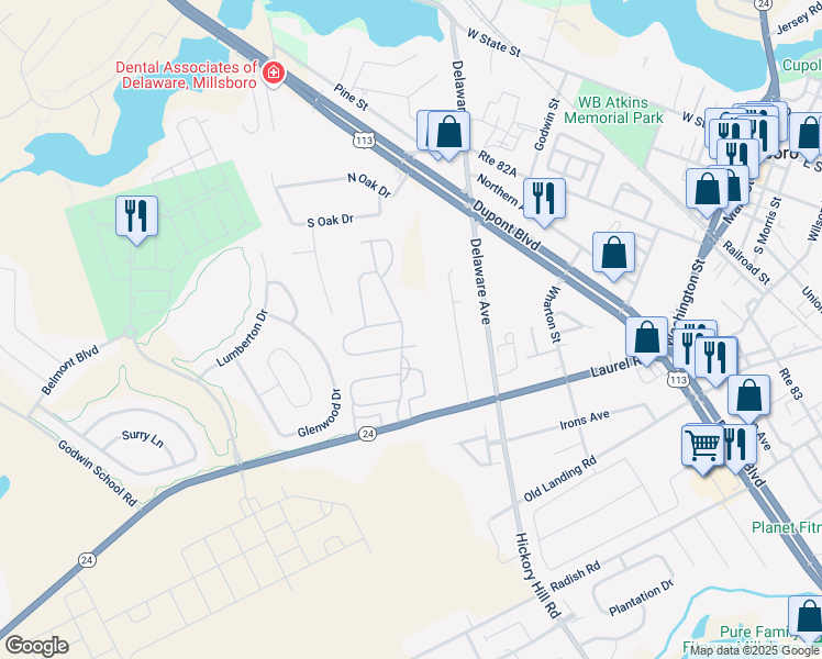 map of restaurants, bars, coffee shops, grocery stores, and more near 19074 Jackstone Way in Millsboro