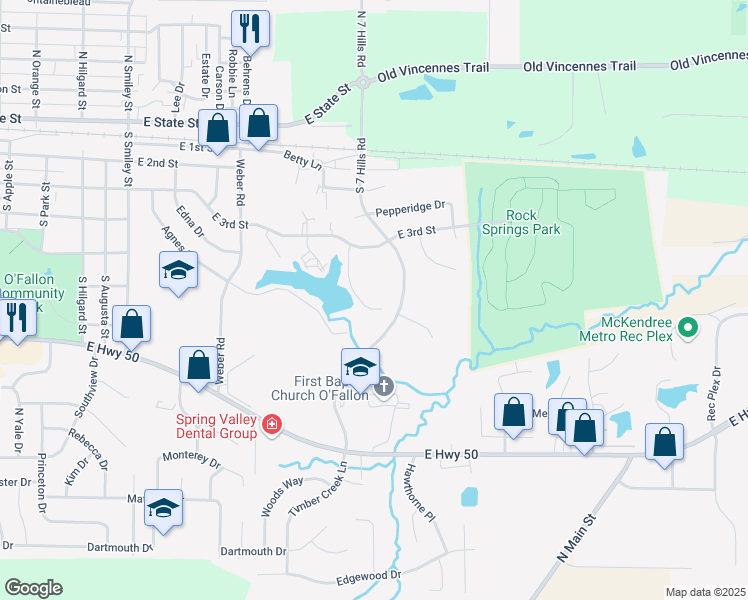 map of restaurants, bars, coffee shops, grocery stores, and more near 222 Shoreline Drive in O'Fallon