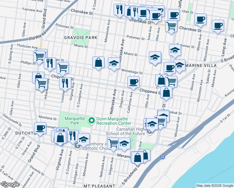 map of restaurants, bars, coffee shops, grocery stores, and more near 3833 Nebraska Avenue in St. Louis