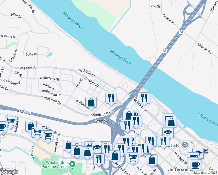 map of restaurants, bars, coffee shops, grocery stores, and more near 1015 West Main Street in Jefferson City