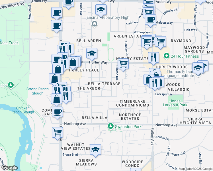 map of restaurants, bars, coffee shops, grocery stores, and more near 1124 Agatha Way in Sacramento