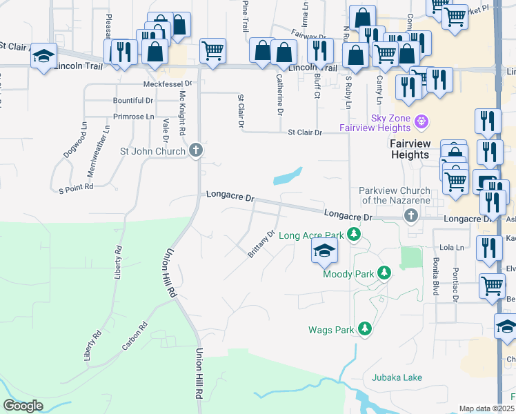 map of restaurants, bars, coffee shops, grocery stores, and more near 115 Oxford Avenue in Fairview Heights