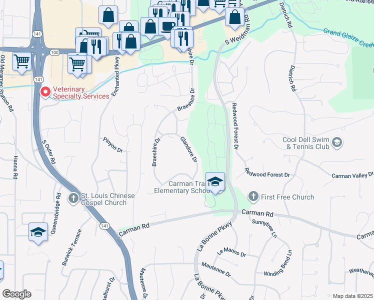 map of restaurants, bars, coffee shops, grocery stores, and more near 261 Glandore Drive in Ballwin