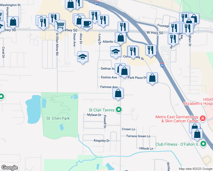 map of restaurants, bars, coffee shops, grocery stores, and more near 114 Famous Avenue in O'Fallon