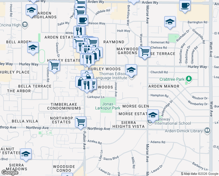 map of restaurants, bars, coffee shops, grocery stores, and more near 2729 Via Villaggio in Sacramento