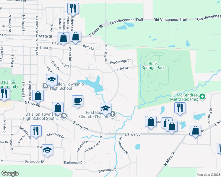 map of restaurants, bars, coffee shops, grocery stores, and more near 222 Shoreline Drive in O'Fallon