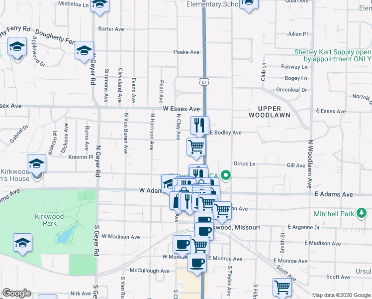 map of restaurants, bars, coffee shops, grocery stores, and more near 444 North Clay Avenue in Kirkwood