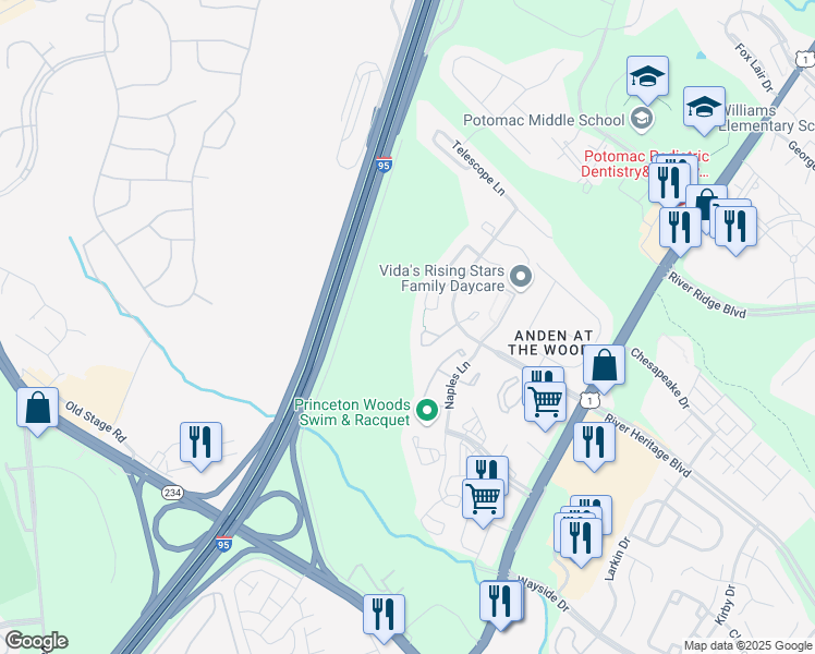 map of restaurants, bars, coffee shops, grocery stores, and more near 3460 Tuckahoe Court in Dumfries